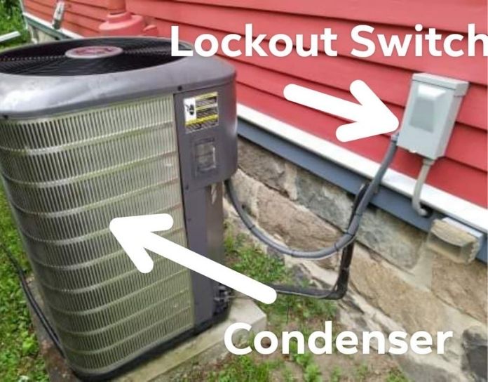 an air conditioner condenser and lockout switch, outside